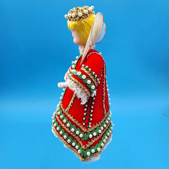 Vintage 1960s Angel Tree Topper Red Felt Dress Gold Trim Pearls Yellow Hair 9" - Picture 6 of 11